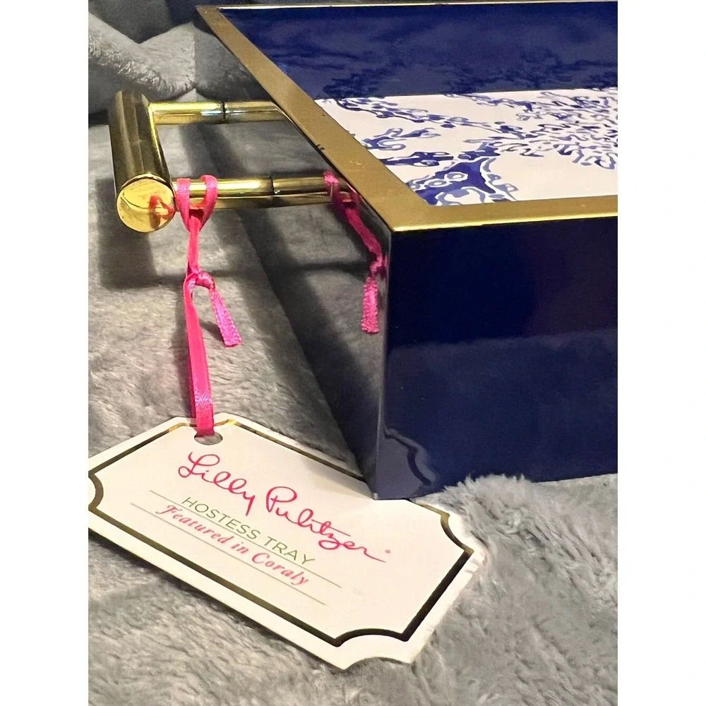 Lilly Pulitzer Coral Bay Hostess Serving Tray Blue White Gold Handles 18